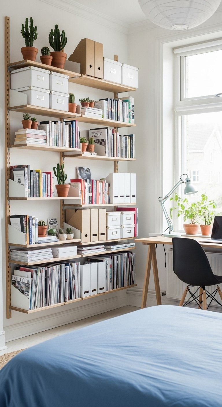 Système d étagères murales modulables de style scandinave dans un coin bureau