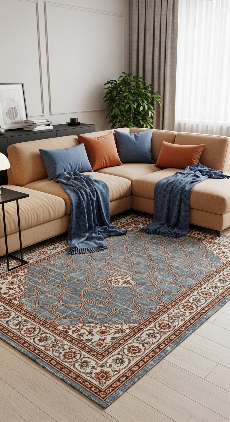 Tapis de salon bleu à motifs orientaux devant un canapé d angle de couleur caramel