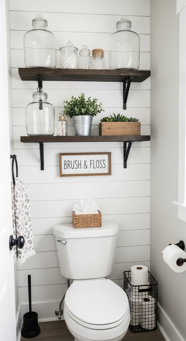 Toilettes style farmhouse avec mur en lambris blanc et etageres en bois