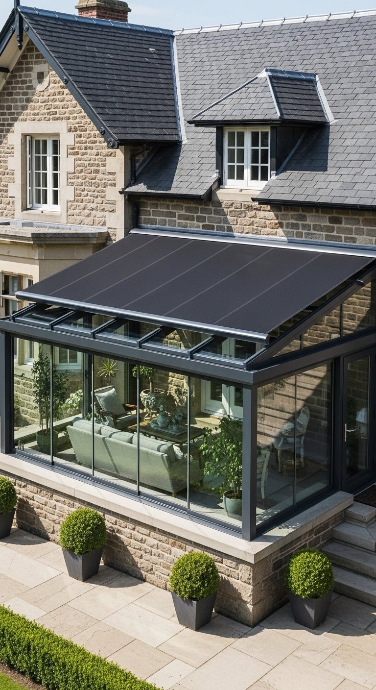 Véranda adossée à une maison en pierre avec un toit noir rétractable