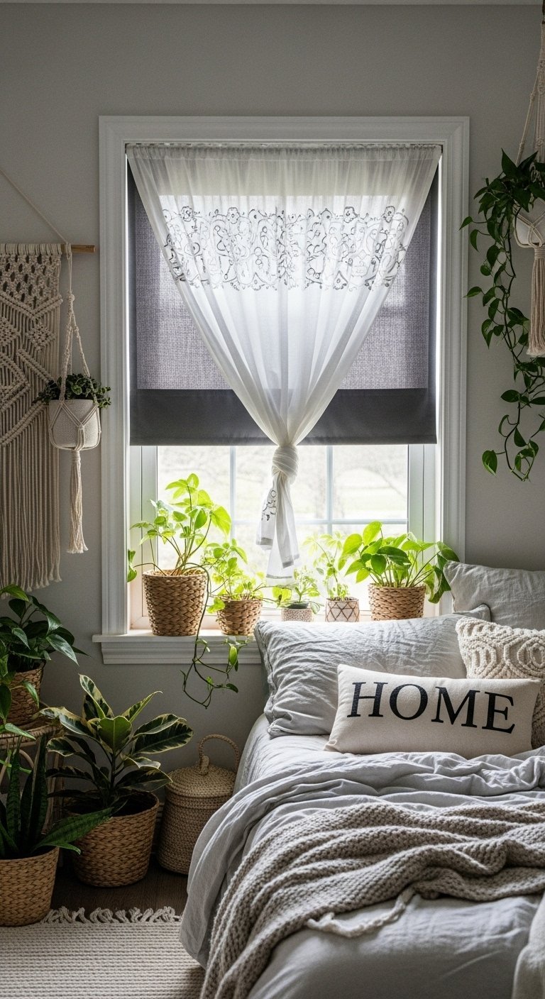 Voilage noue devant une fenetre de chambre de style boheme avec des plantes