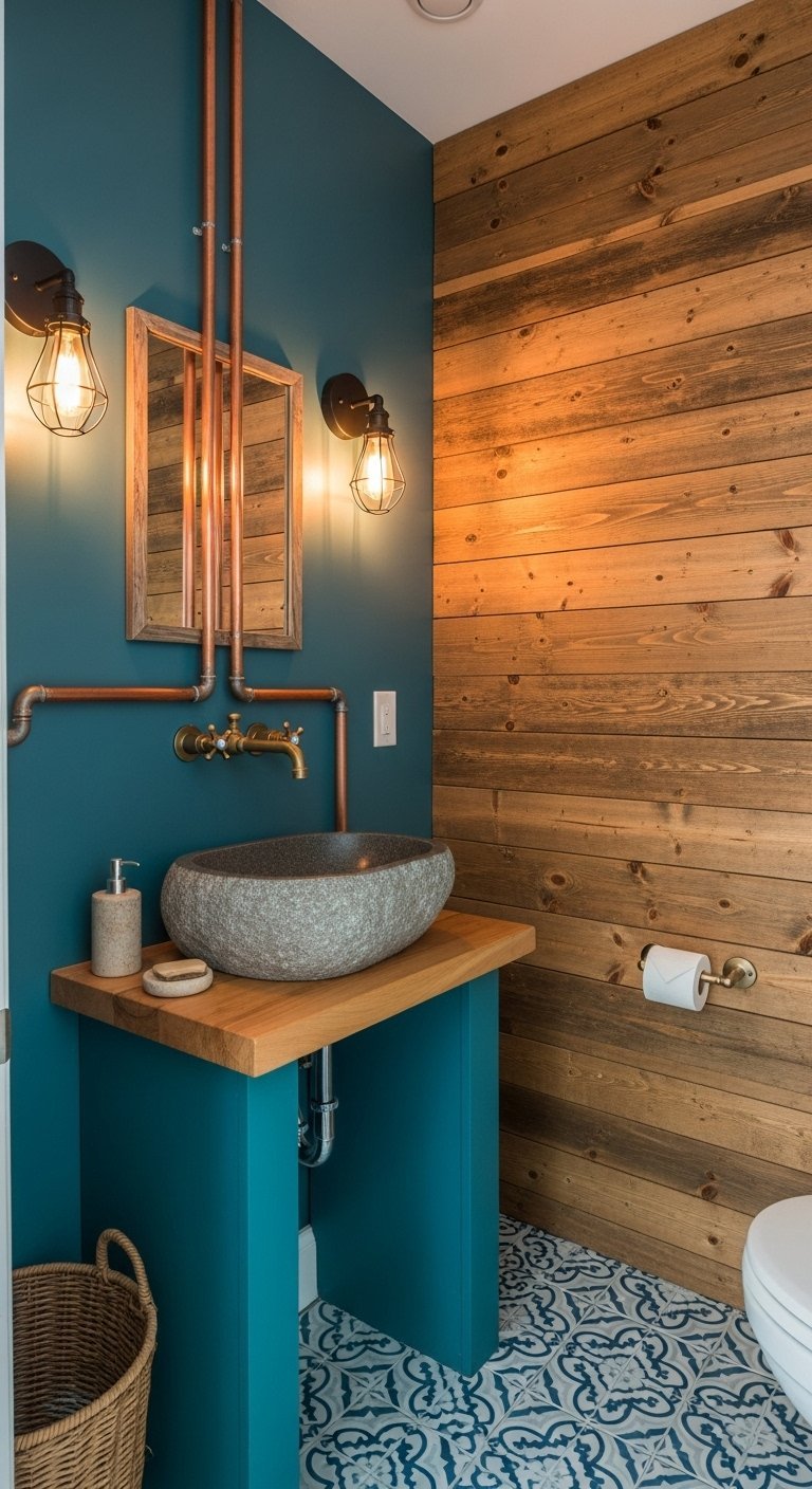 WC de style industriel avec mur en bois de grange et lavabo vasque en pierre