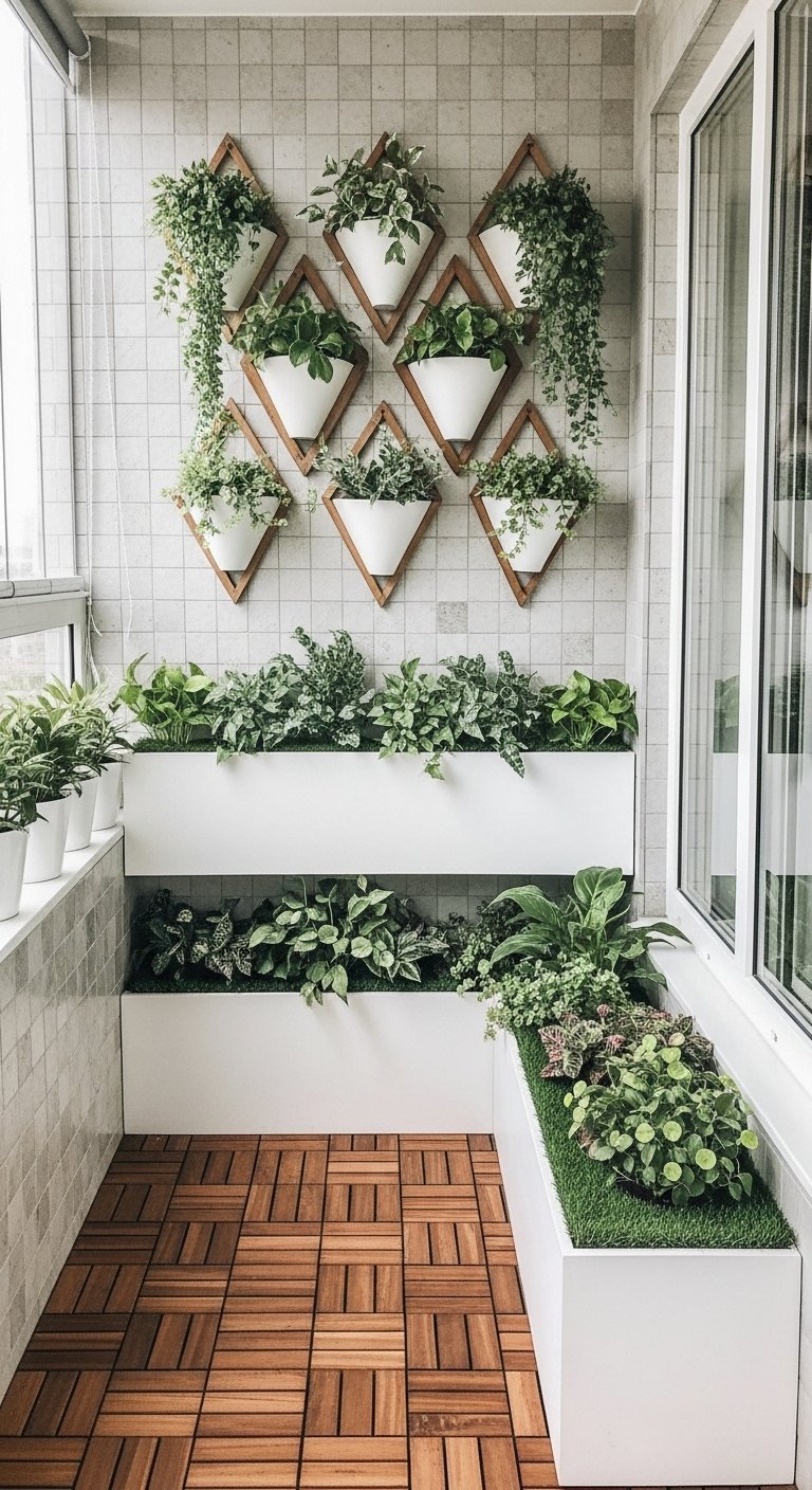 Aménagement de balcon avec un système de jardin vertical blanc et des plantes murales