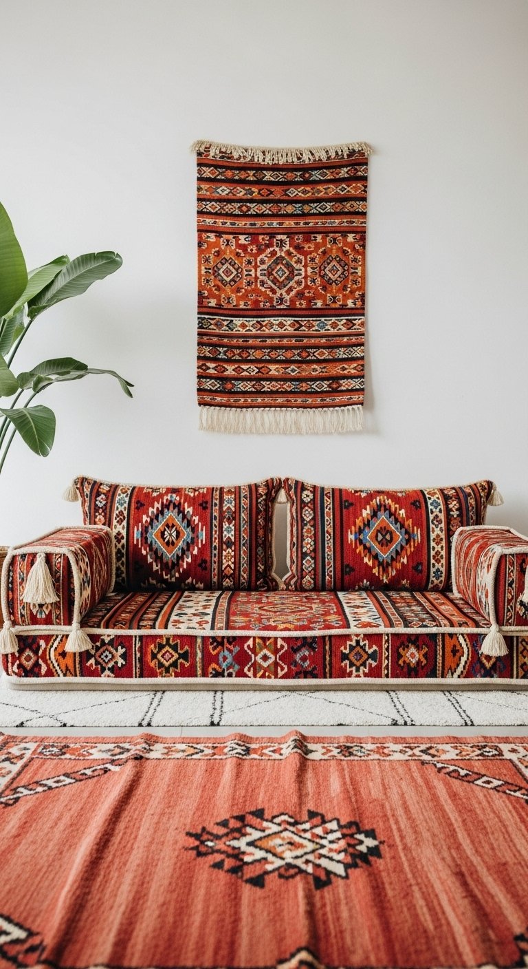 Assise au sol style berbère avec tapis kilim et tenture murale