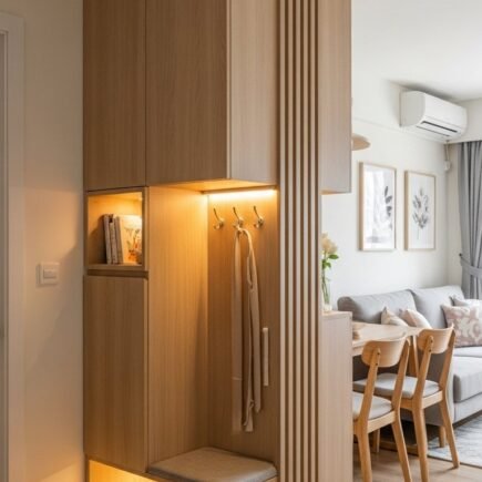 Banc de rangement blanc avec coussins et claustra en bois