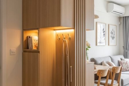 Banc de rangement blanc avec coussins et claustra en bois
