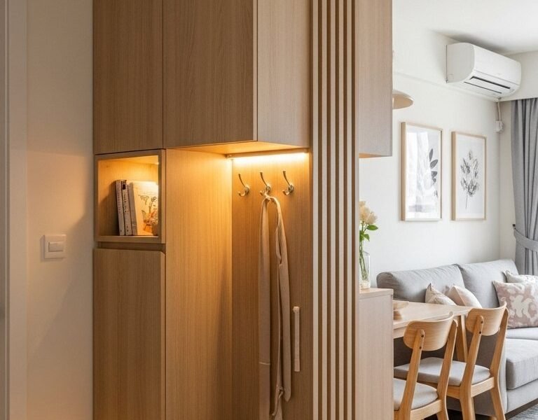 Banc de rangement blanc avec coussins et claustra en bois
