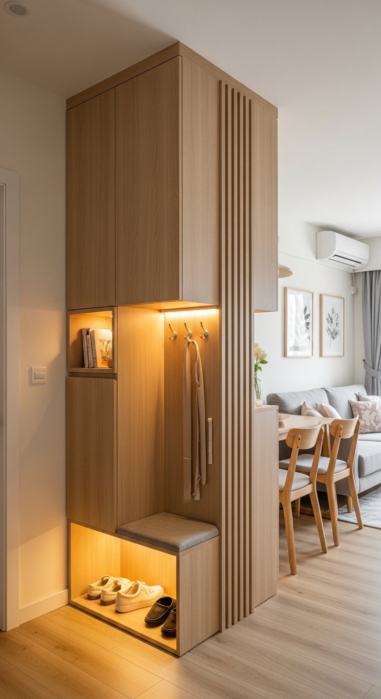 Banc de rangement blanc avec coussins et claustra en bois