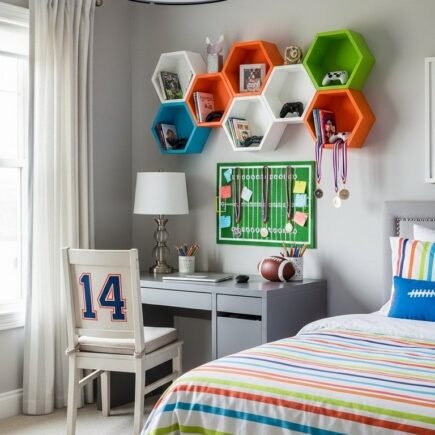 Bureau d ado avec des étagères murales hexagonales colorées au dessus