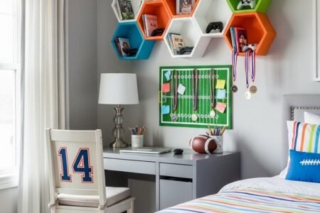 Bureau d ado avec des étagères murales hexagonales colorées au dessus