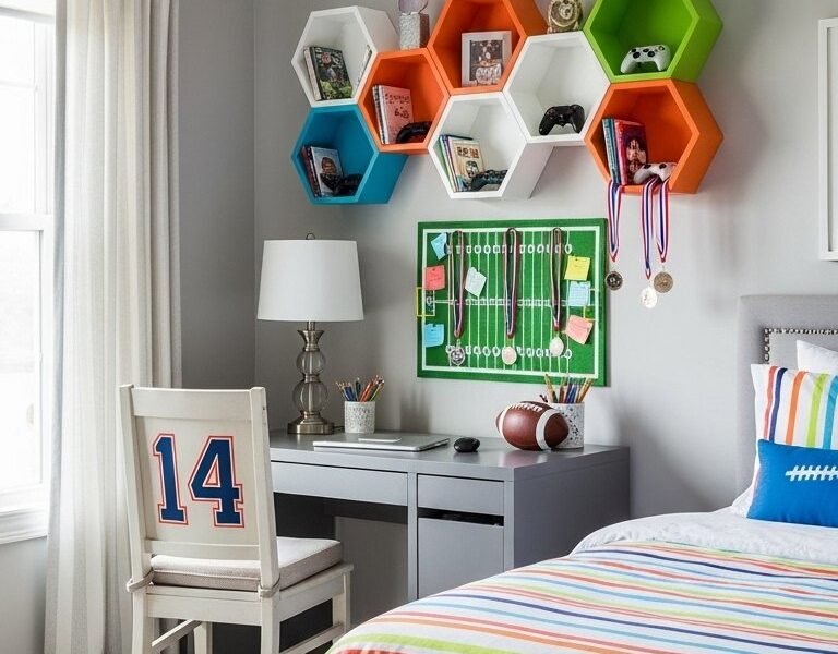 Bureau d ado avec des étagères murales hexagonales colorées au dessus