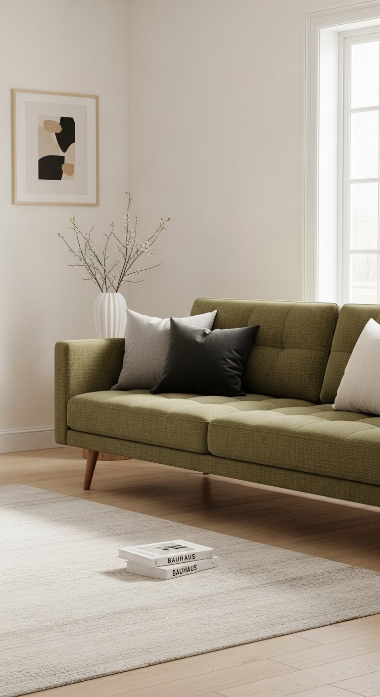 Canapé vert olive de style scandinave avec des pieds en bois