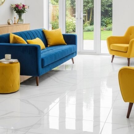 Carrelage blanc brillant effet marbre dans un salon avec canapé bleu et fauteuils jaunes