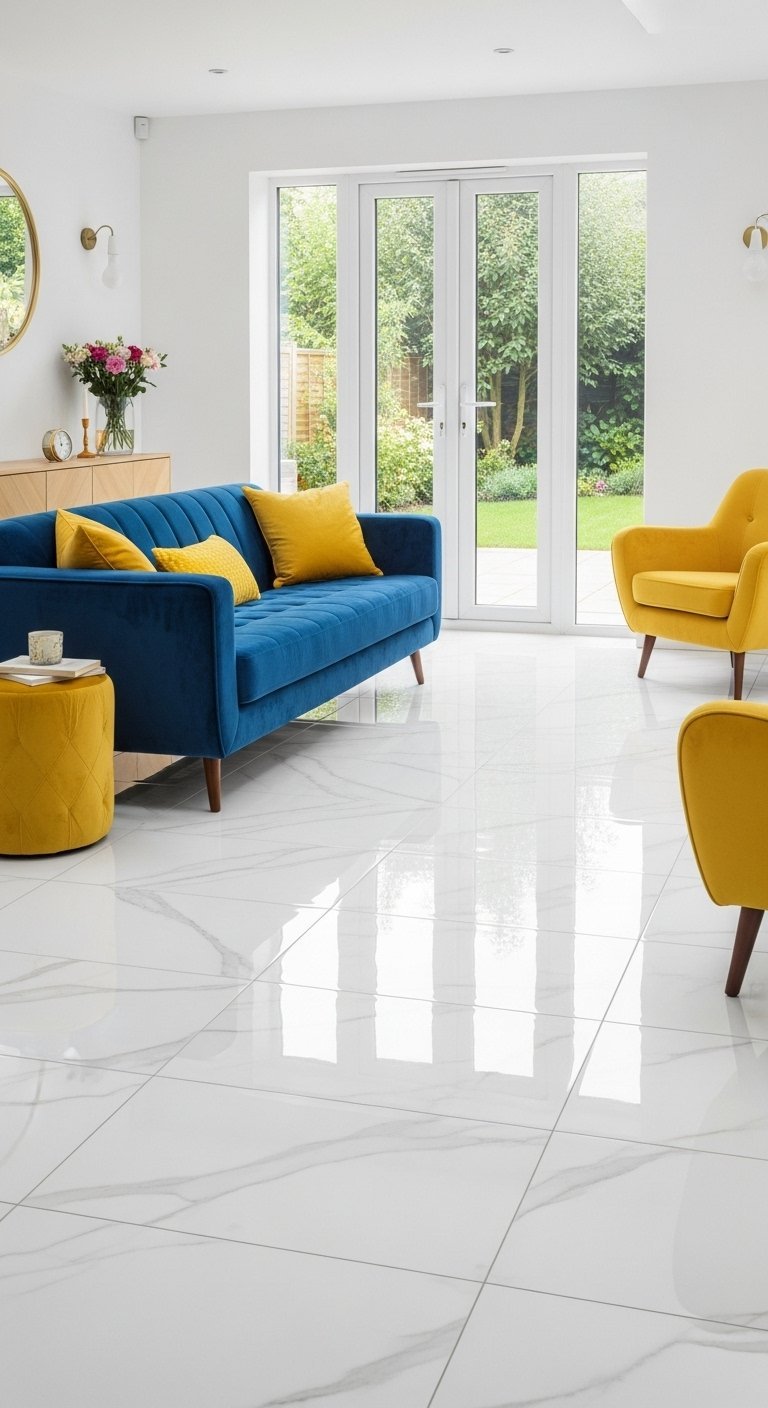 Carrelage blanc brillant effet marbre dans un salon avec canapé bleu et fauteuils jaunes