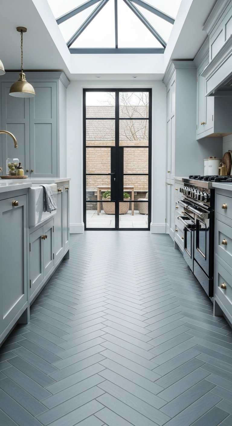 Carrelage de sol bleu gris pose en chevron dans une cuisine avec verriere