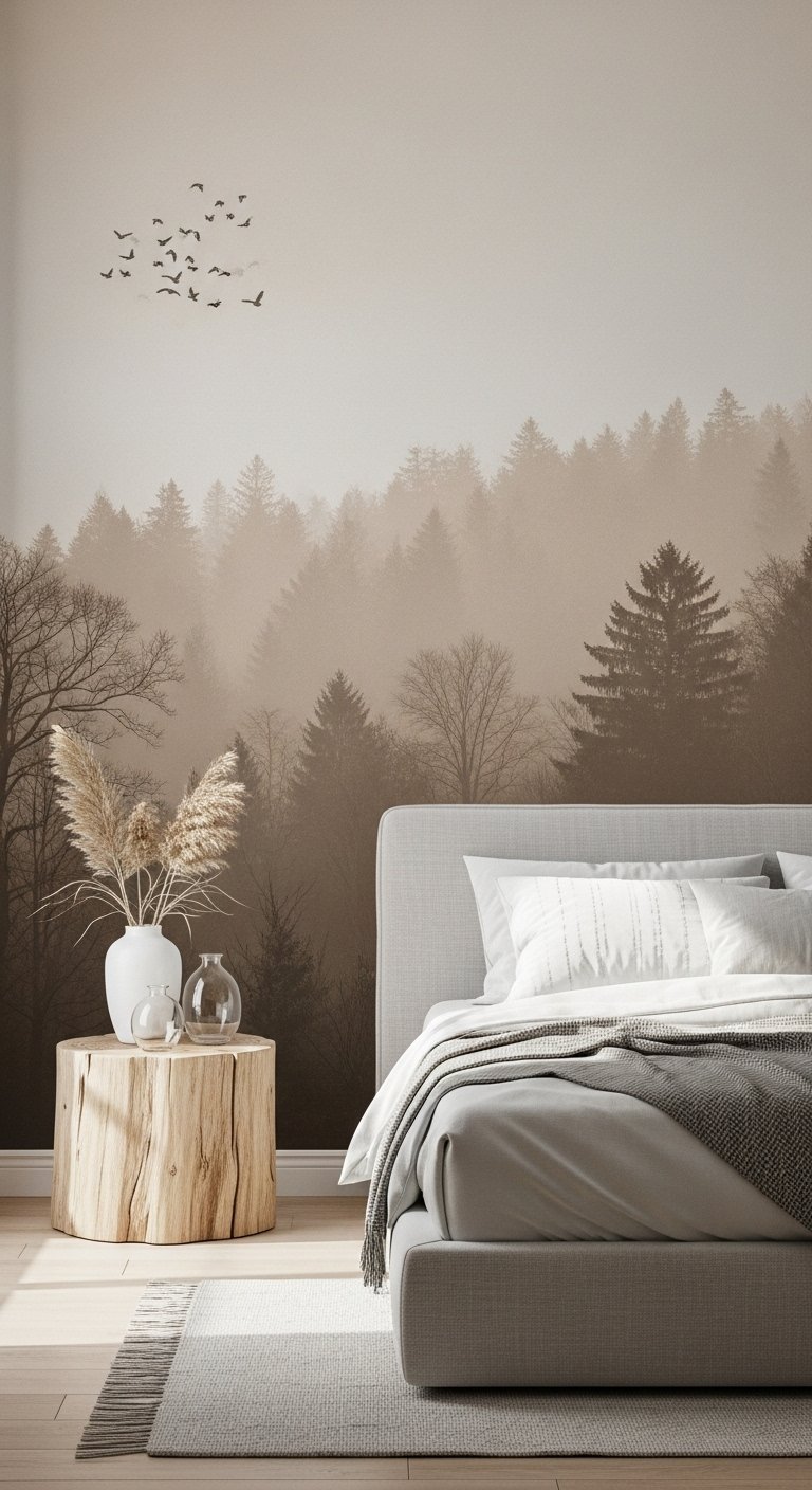 Chambre avec un papier peint panoramique representant une foret brumeuse dans les tons bruns