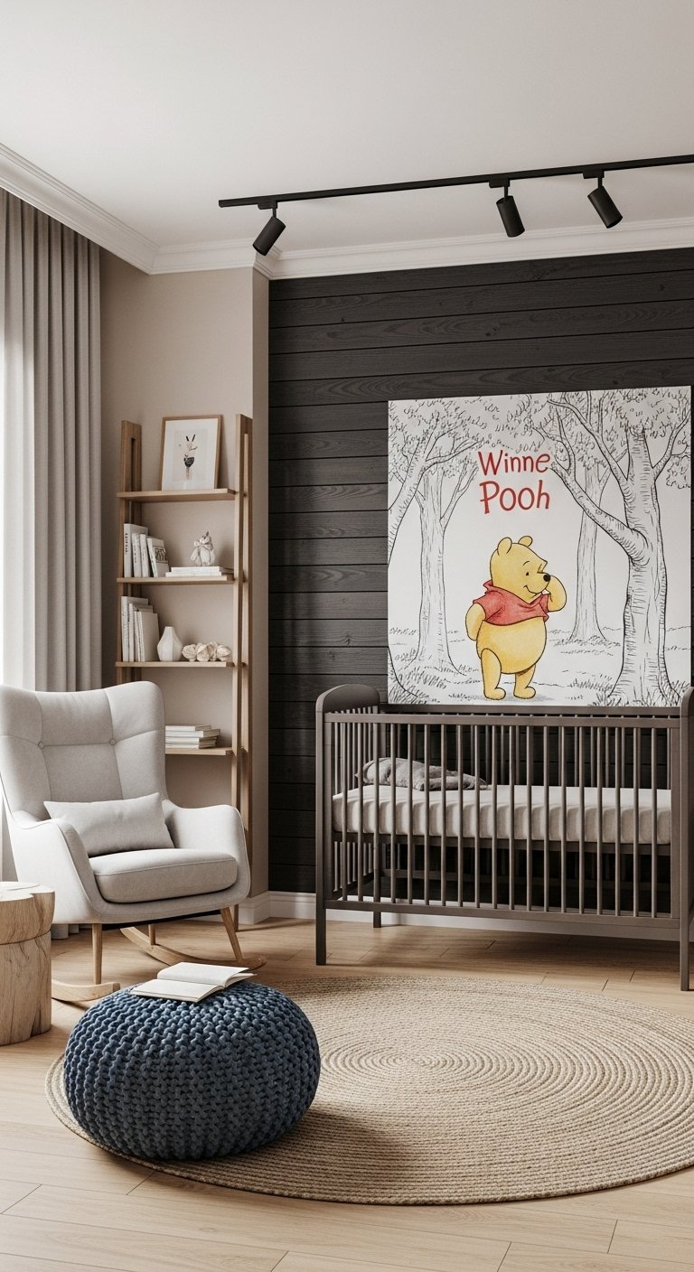 Chambre bébé moderne avec mur accent noir et tableau Winnie l Ourson
