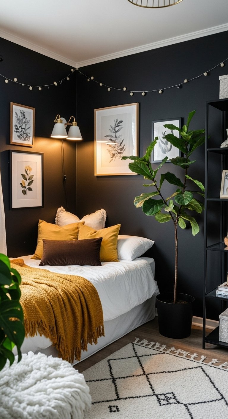Chambre boheme avec murs noirs et plaid couleur moutarde