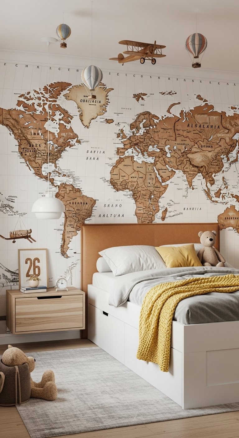 Chambre de garçon avec une grande fresque murale représentant une carte du monde