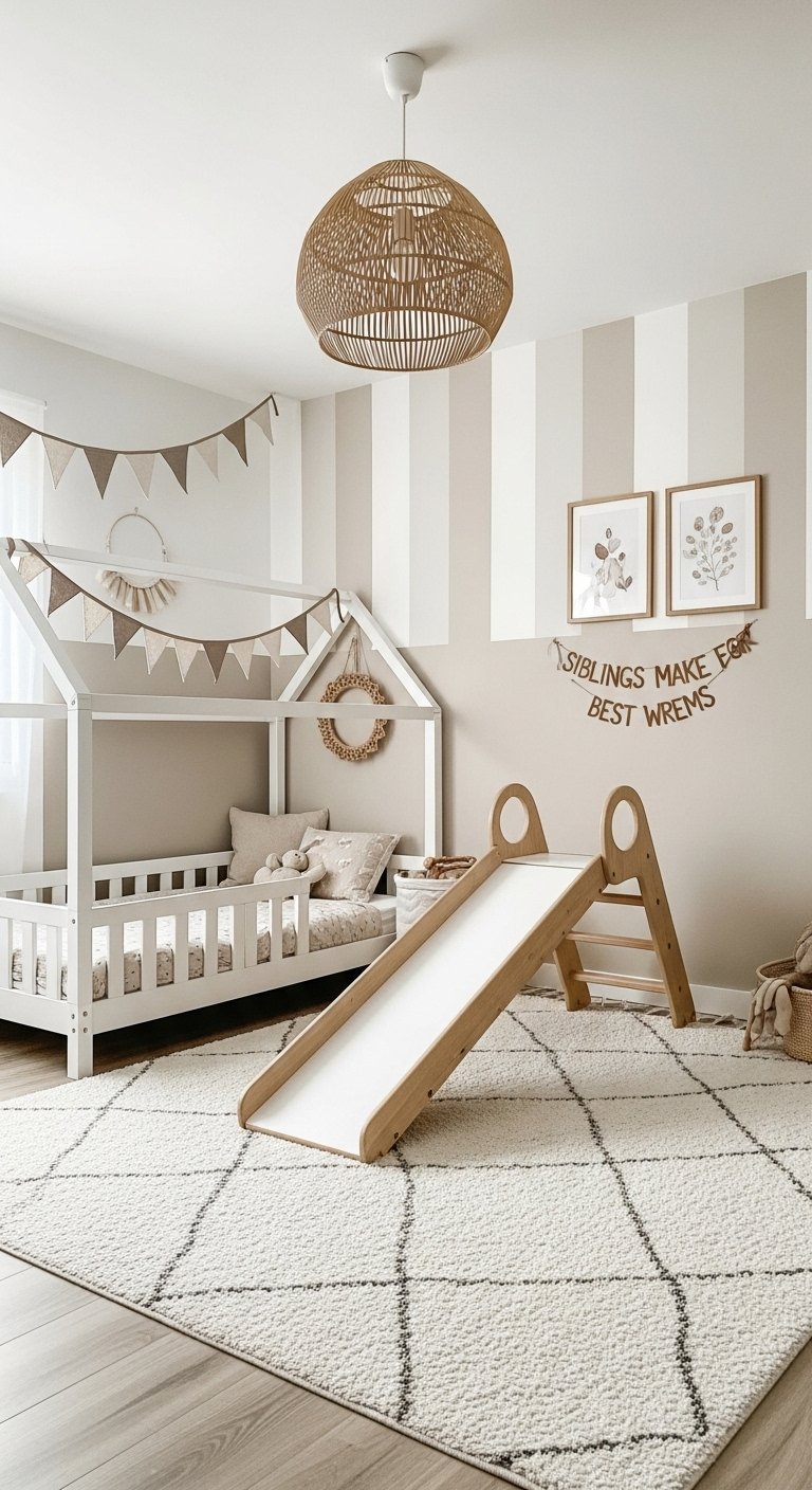 Chambre enfant naturelle avec lit cabane blanc et toboggan en bois