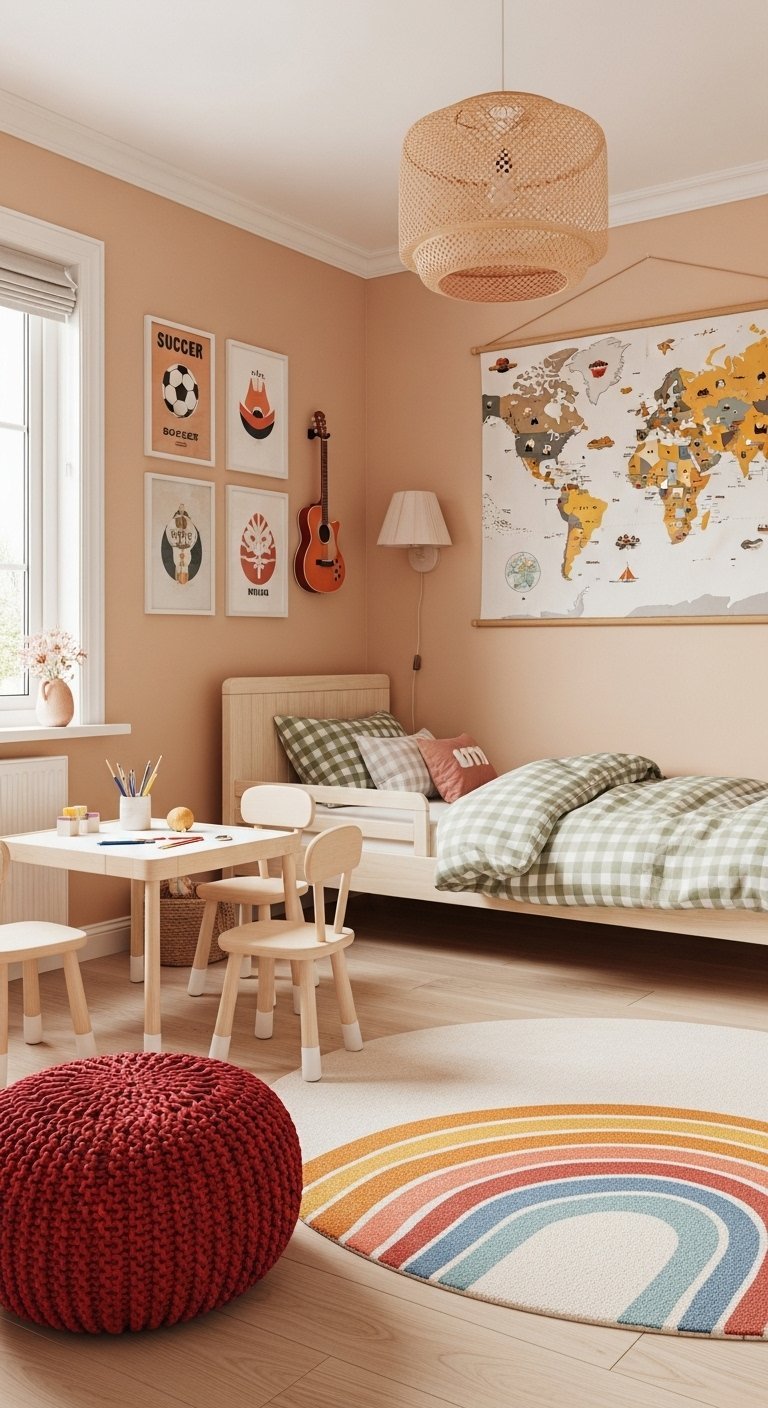 Chambre garcon moderne couleur terracotta avec carte du monde