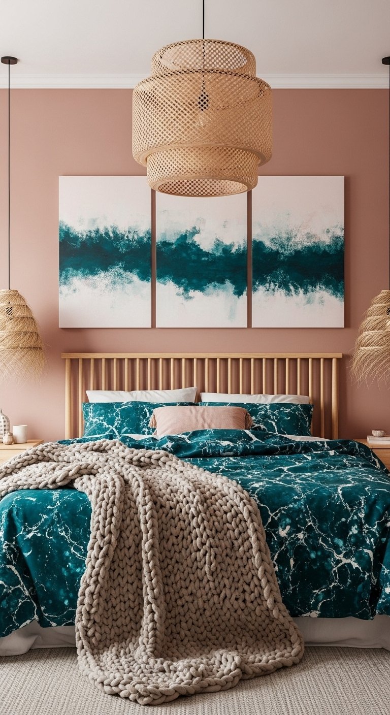 Chambre moderne avec mur rose poudre et parure de lit bleu petrole
