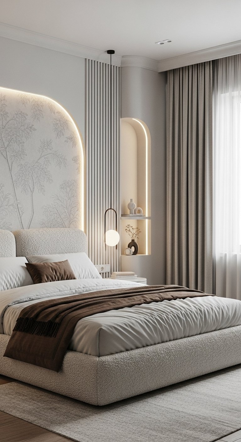 Chambre moderne avec tête de lit arrondie et éclairage design