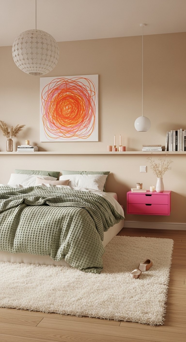 Chambre neutre avec une table de chevet flottante rose vif