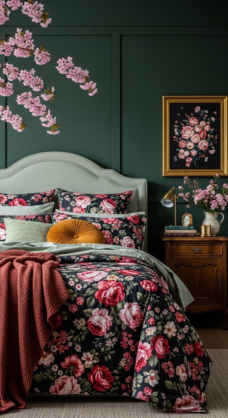 Chambre romantique avec mur vert foncé et parure de lit à fleurs roses