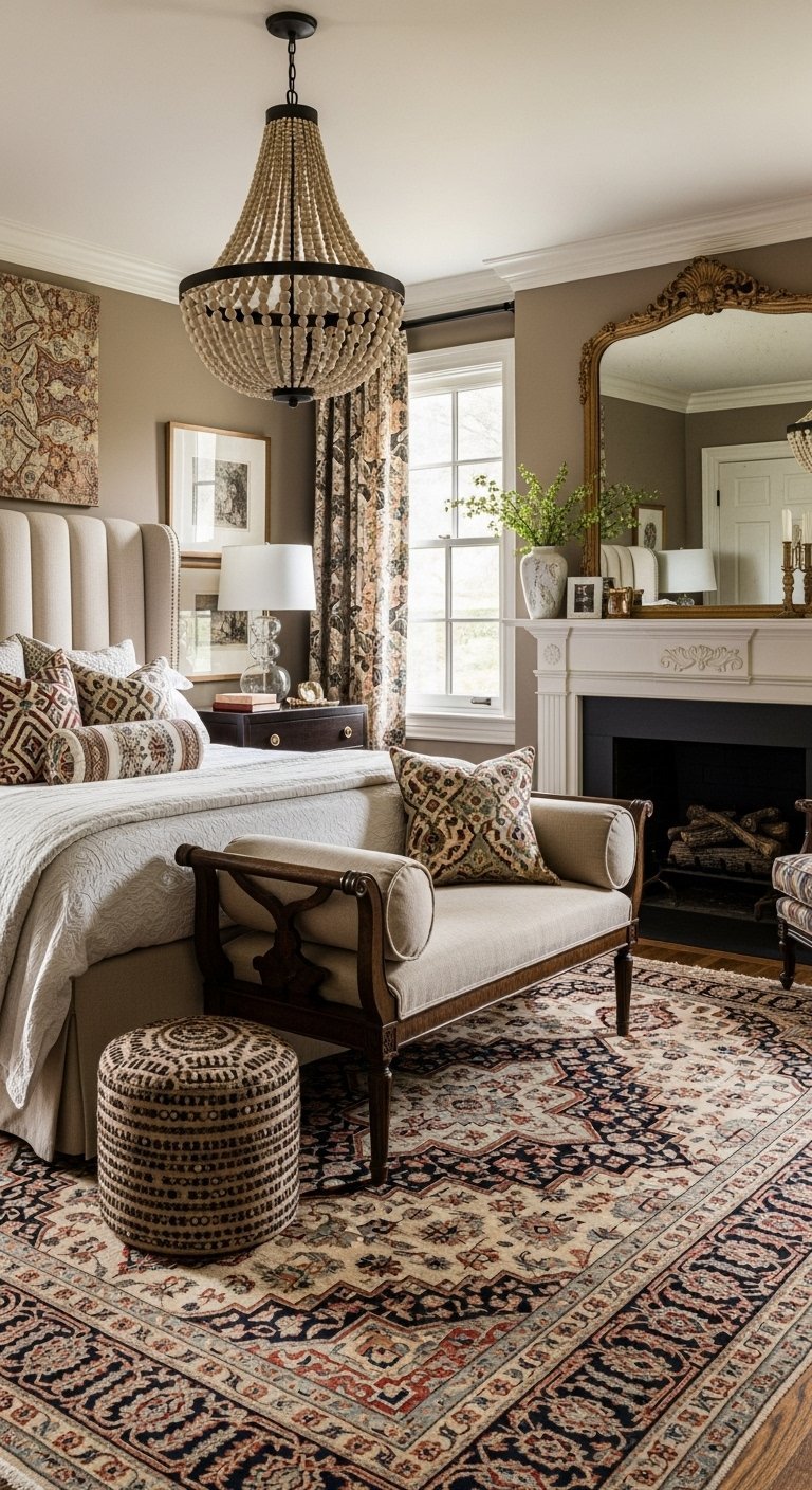 Chambre traditionnelle avec cheminée et grand miroir doré