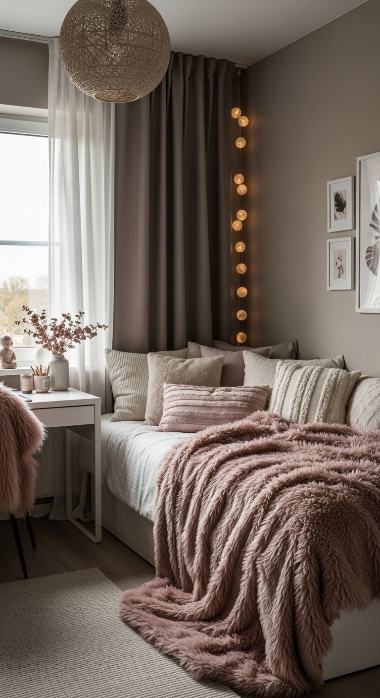 Coin chambre confortable avec un lit banquette un plaid en fausse fourrure rose et une guirlande lumineuse
