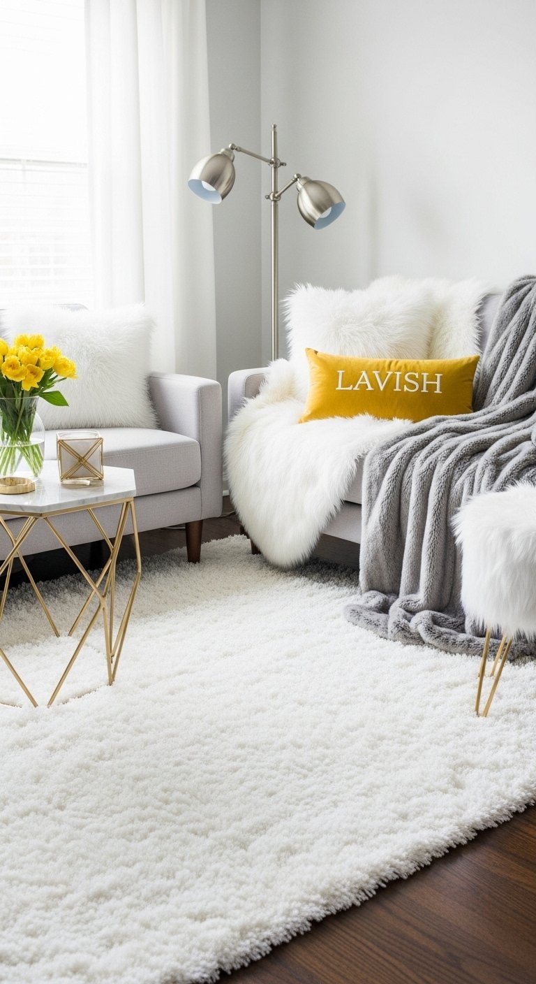Coin salon cocooning avec fauteuils gris plaid en fausse fourrure blanche et tapis épais