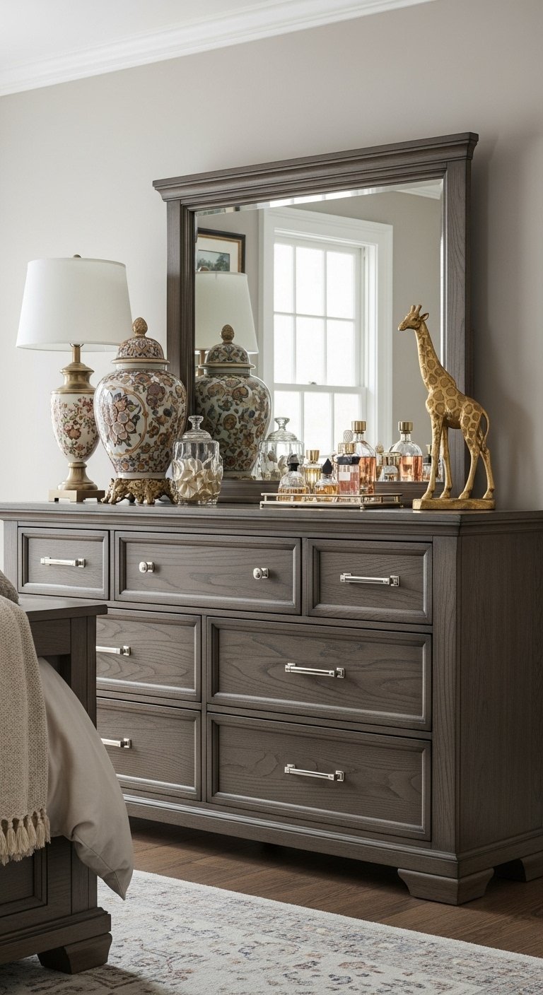 Commode grise de style classique avec neuf tiroirs et miroir
