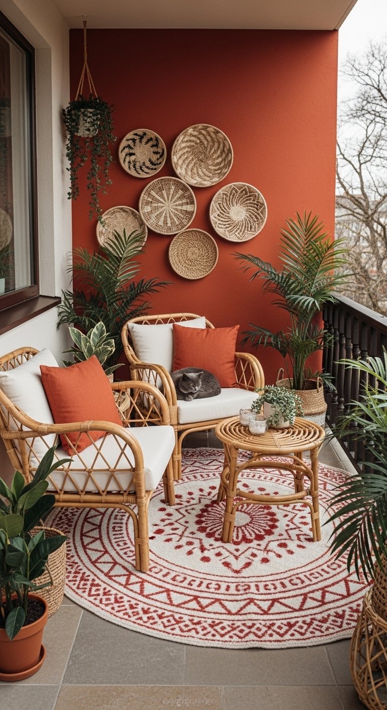 Decoration petit balcon boheme avec mur terracotta et fauteuils en rotin