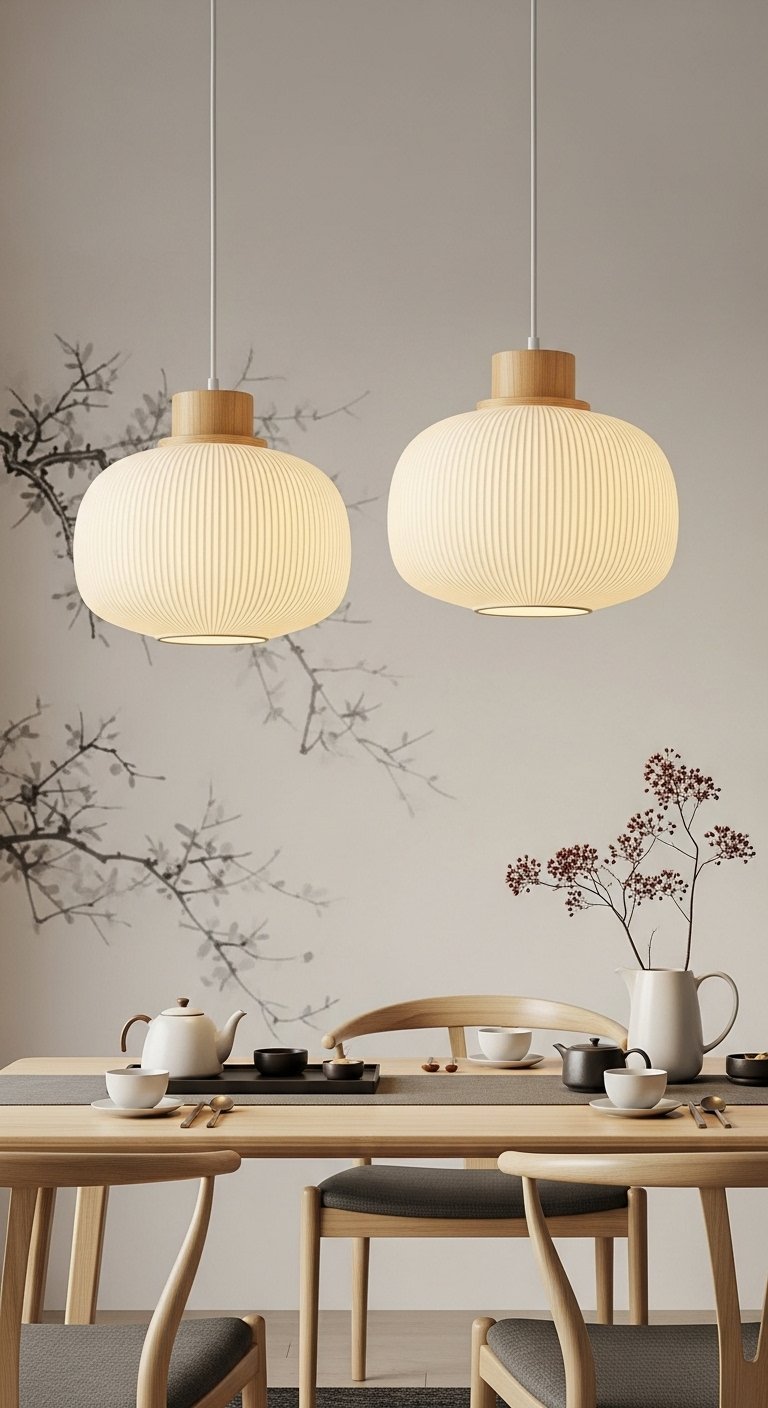 Deux suspensions luminaires de style lanterne japonaise plissée