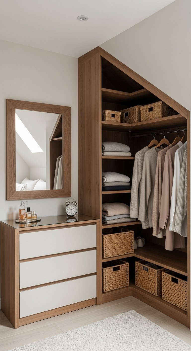 Dressing sur mesure en bois sous un toit en pente avec paniers en osier