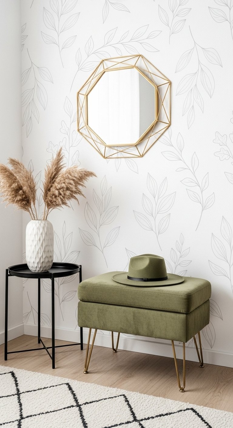 Entrée avec papier peint panoramique blanc à motifs de feuilles dessinées