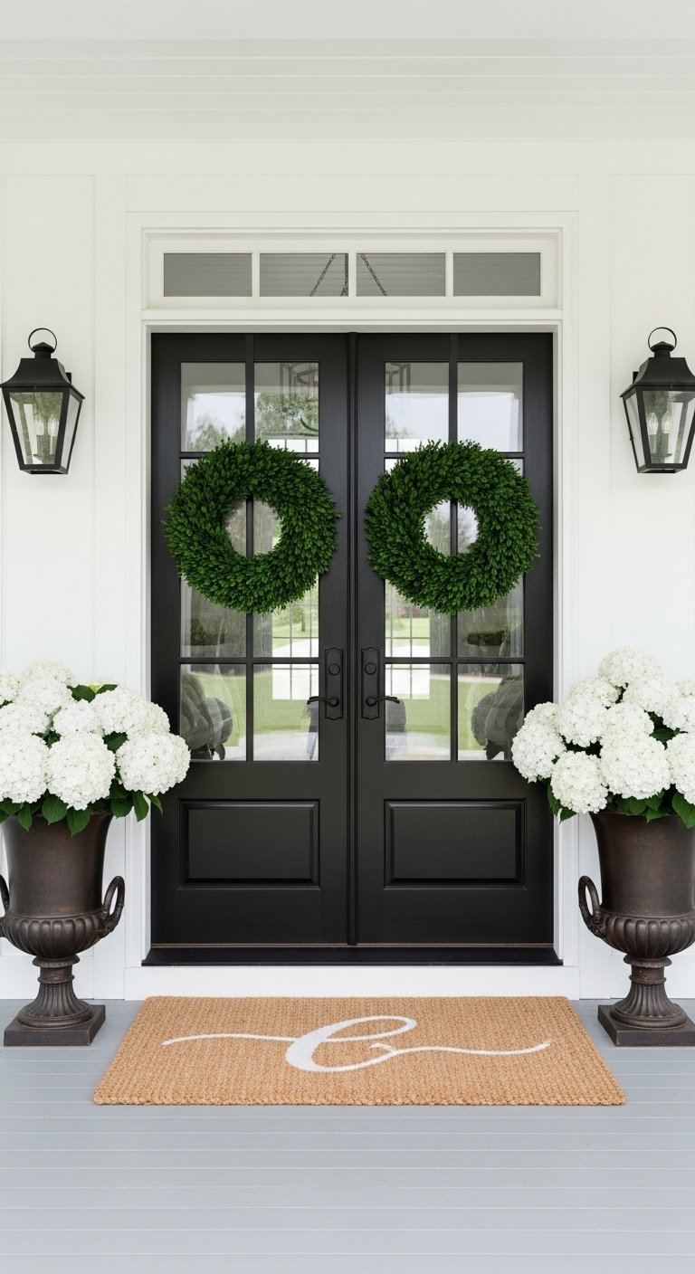 Entree de maison exterieure avec porte blanche et fleurs rouges