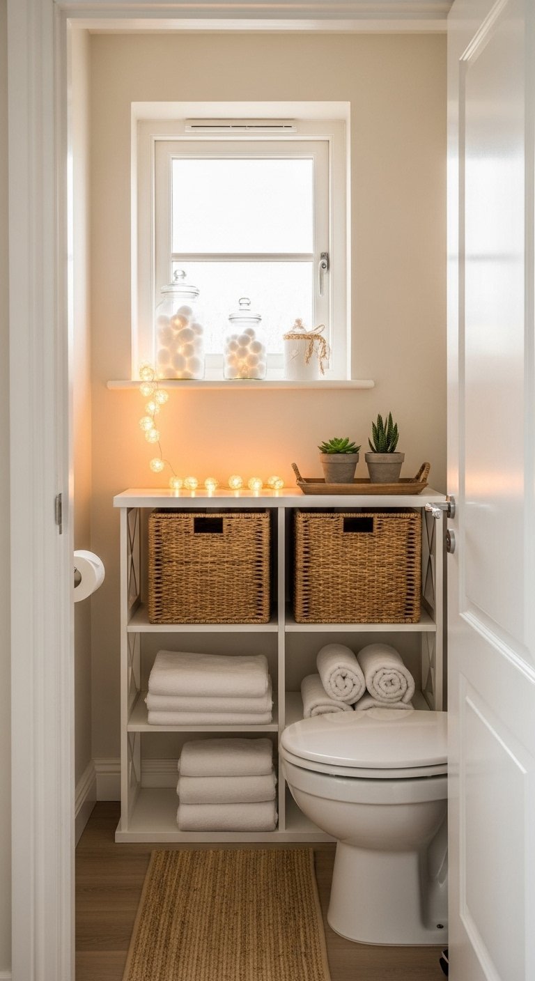 Etagere de rangement blanche avec paniers en osier et guirlande lumineuse