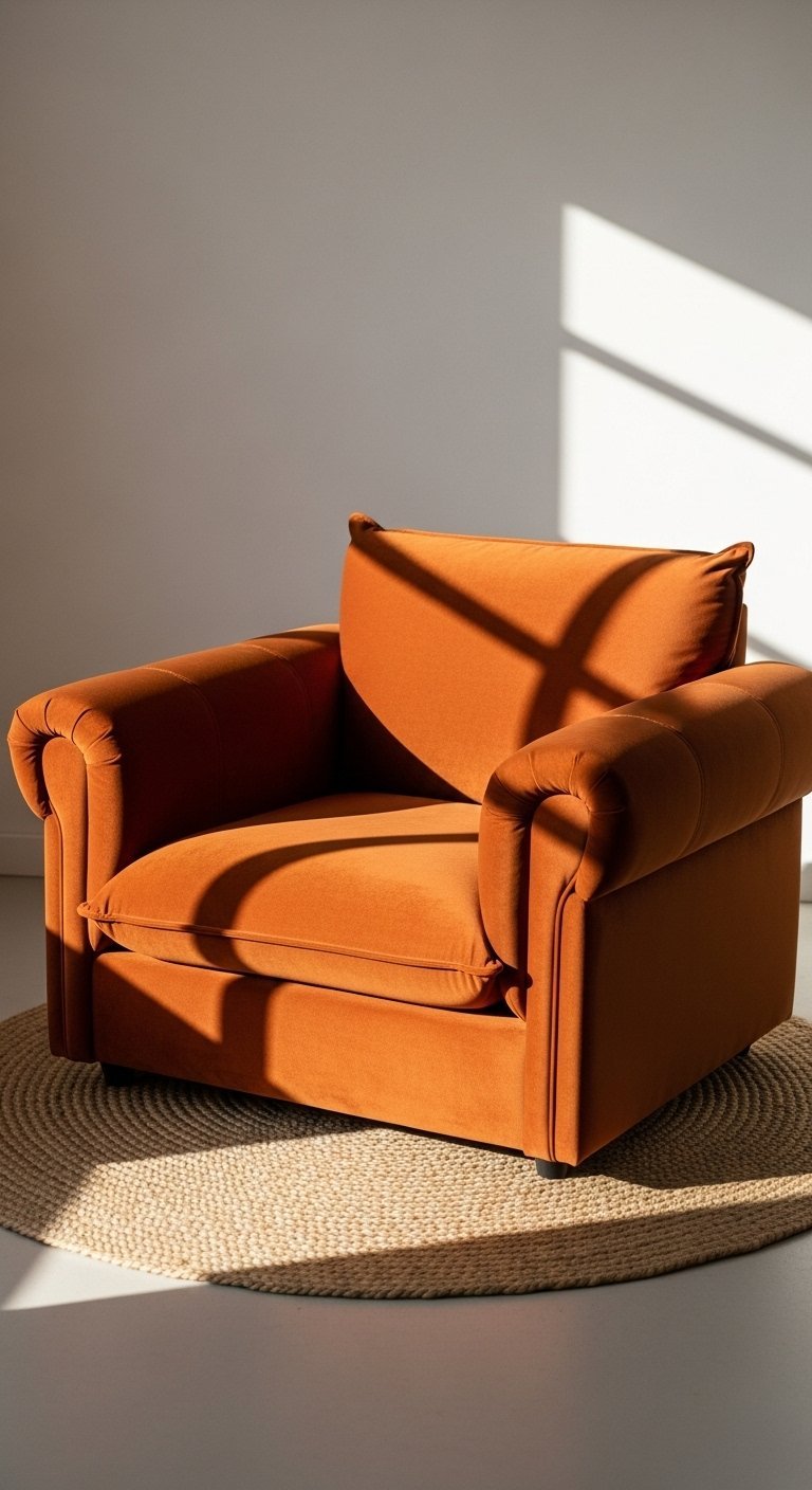 Fauteuil club en velours couleur terracotta posé sur un tapis rond en jute