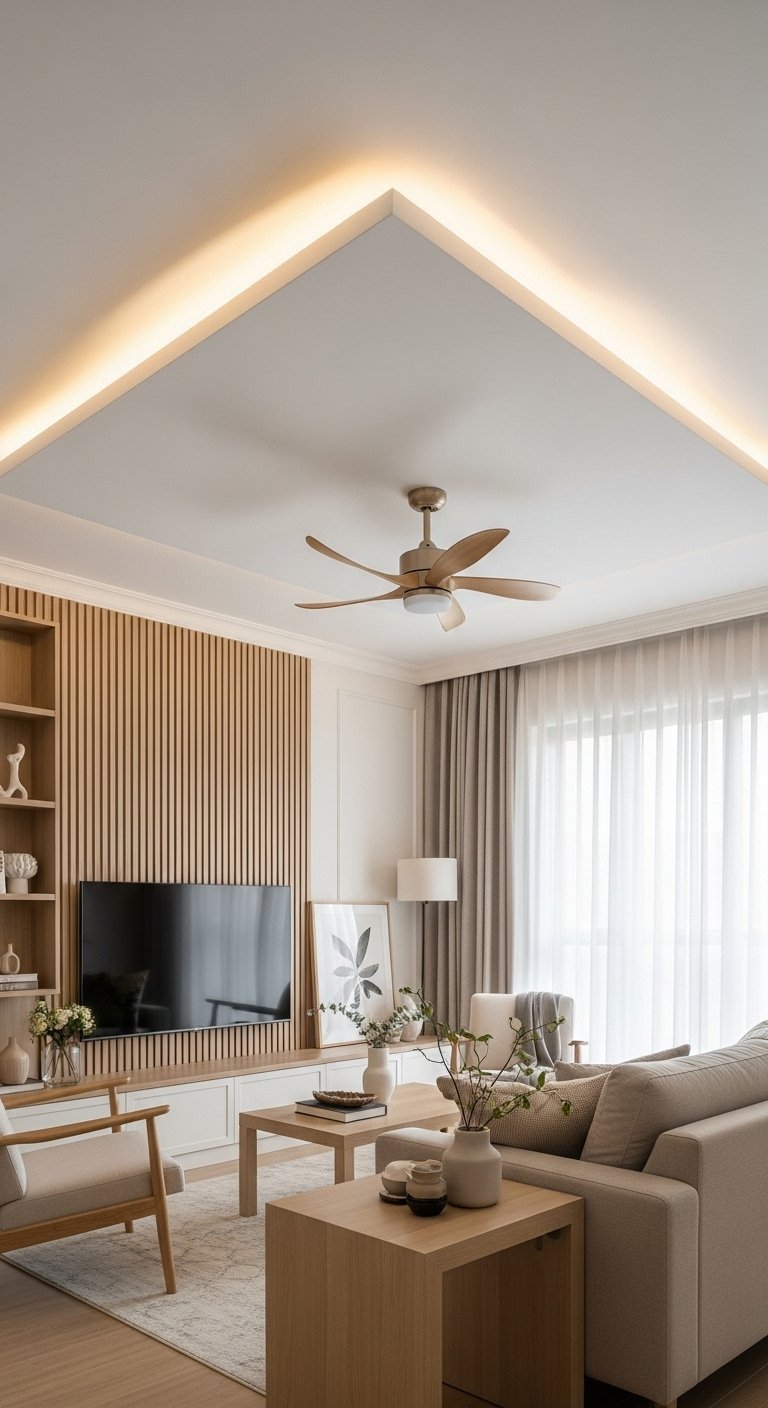Faux plafond simple avec éclairage indirect en L au dessus d un mur en tasseaux de bois