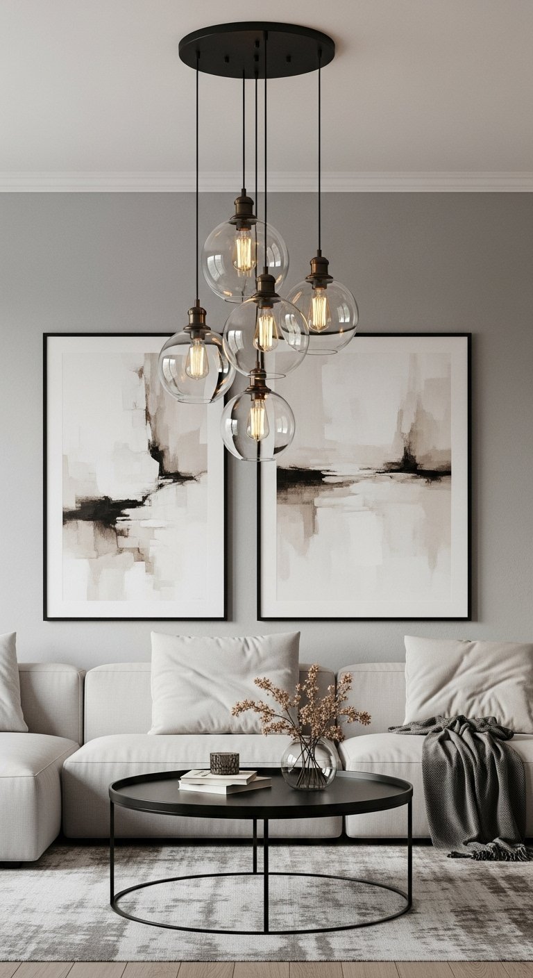 Grappe de cinq suspensions en verre transparent avec ampoules Edison