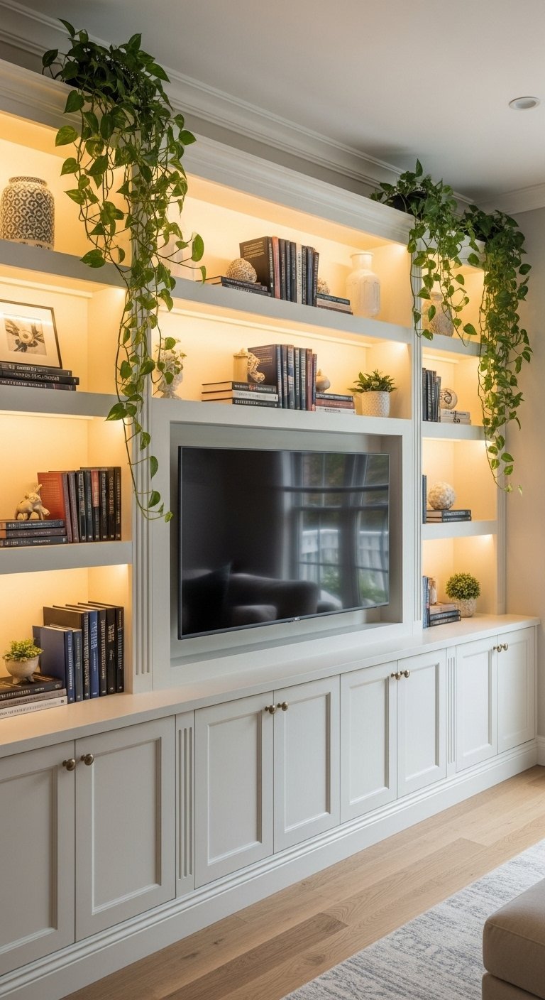 Meuble TV blanc sur mesure avec éclairage intégré et plantes vertes retombantes