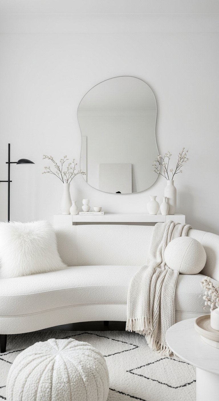 Miroir asymétrique sans cadre dans un salon monochrome blanc avec un canapé incurvé