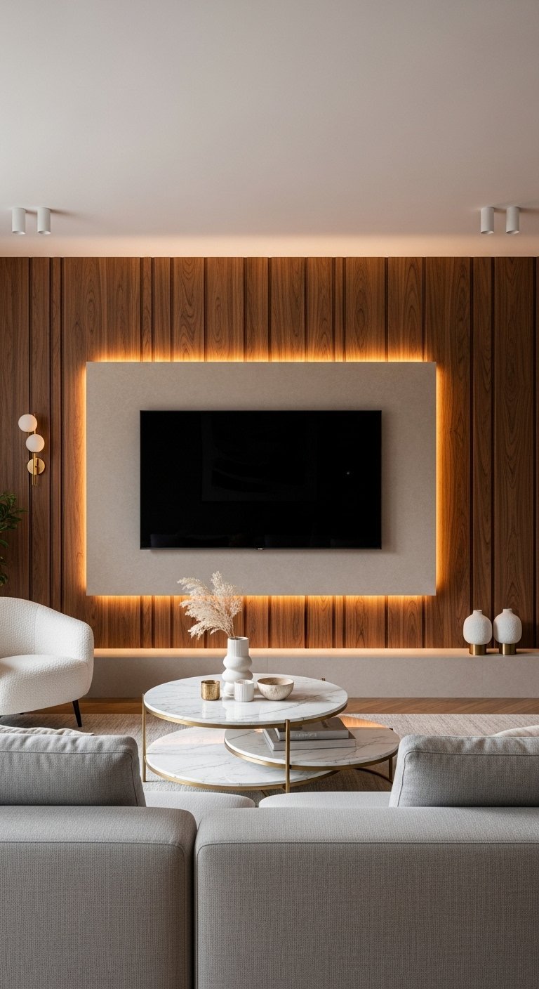 Mur TV en bois avec panneau central et cadre lumineux LED