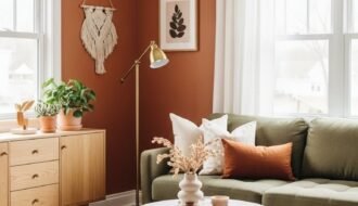 Murs de salon couleur terracotta avec canape vert olive style boheme