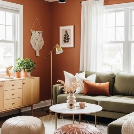 Murs de salon couleur terracotta avec canape vert olive style boheme