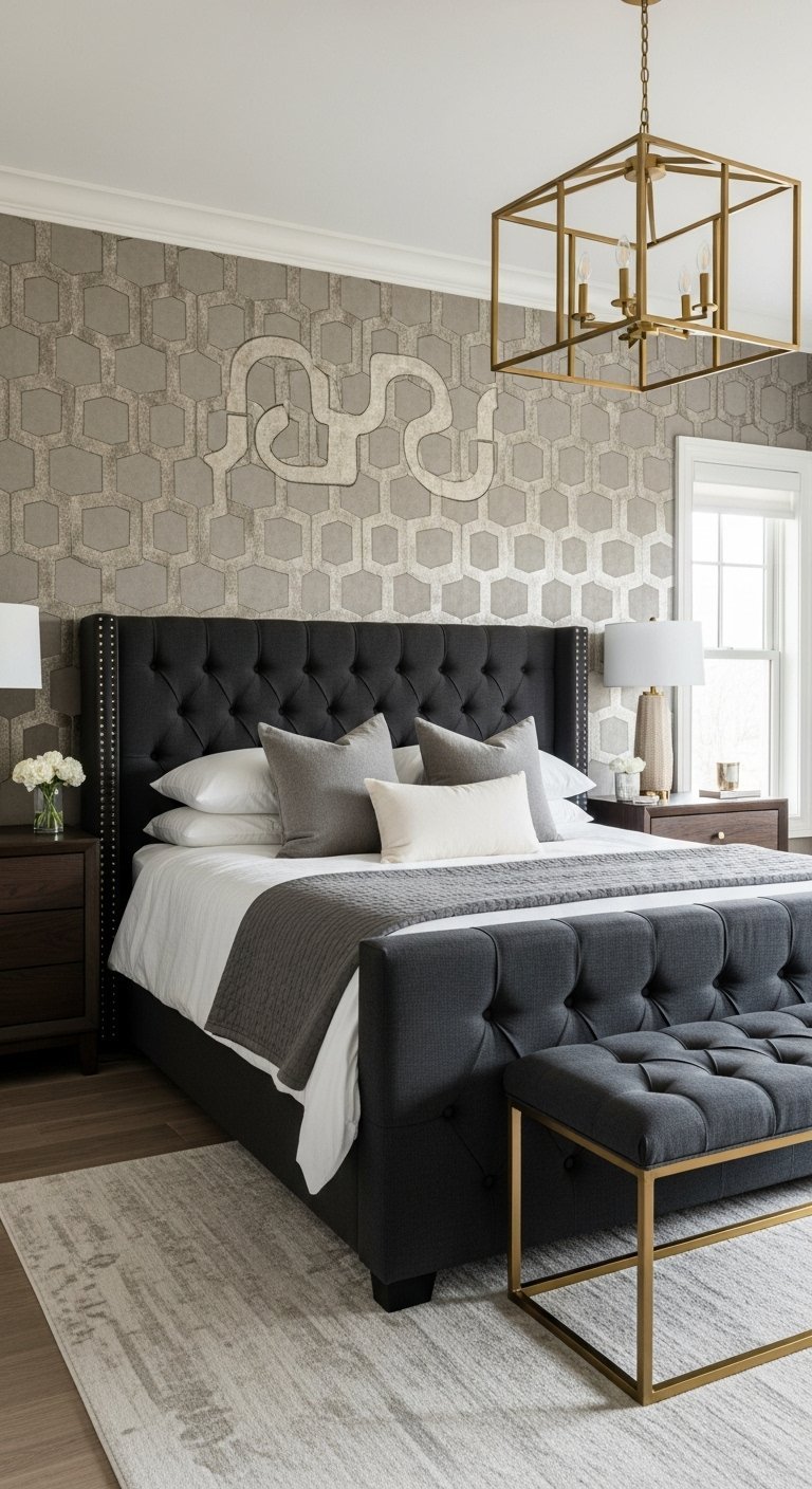 Papier peint geometrique texture taupe et argente derriere un lit capitonne gris fonce