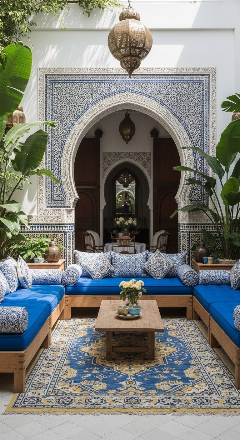 Patio extérieur avec arche en zellige bleu et banquettes en bois
