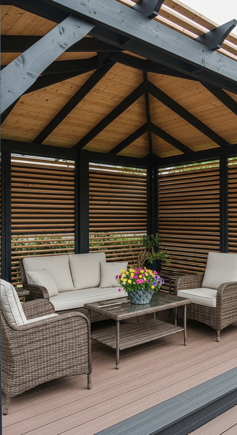 Pergola hexagonale avec structure noire et plafond en bois